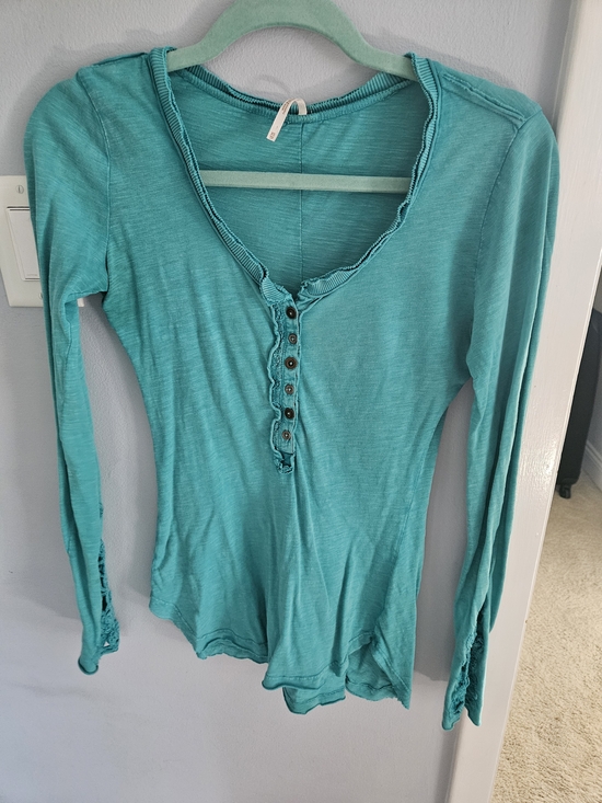Free People Tops - Free People Vintage Teal Ruffle Trim Henley Long-Sleeve Top